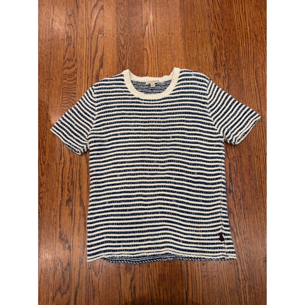 Burberry Brit Womens XL Blue White Striped Short Sleeve Knit Sweater Crew Neck